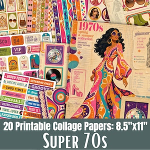 Könnte beinhalten: Ein Set aus 20 bedruckbaren Collage-Papieren im Format 21,6 cm x 27,9 cm mit Grafiken im Stil der 1970er Jahre, darunter eine Frau in einem gemusterten Kleid, Discokugeln, Schallplatten, Plateauschuhe und Retro-Schriftzüge wie Disco Fever und Groovy.