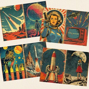 Może przedstawiać: Zestaw sześciu grafik w stylu vintage o tematyce kosmicznej. Każda grafika przedstawia retro ilustracje rakiet, astronaut&oacute;w i planet, z tekstem "Martian Invasion". Paleta kolor&oacute;w obejmuje czerwienie, błękity, pomarańcze i ż&oacute;łcie.