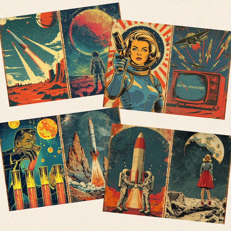 Może przedstawiać: Zestaw sześciu grafik w stylu vintage o tematyce kosmicznej. Każda grafika przedstawia retro ilustracje rakiet, astronaut&oacute;w i planet, z tekstem "Martian Invasion". Paleta kolor&oacute;w obejmuje czerwienie, błękity, pomarańcze i ż&oacute;łcie.