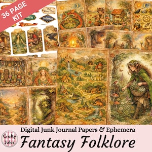 May include: A set of digital junk journal papers and ephemera with a fantasy folklore theme. The illustrations depict mythical creatures, landscapes, and vintage-style artwork. The text "Fantasy Folklore" is displayed at the bottom of the image.