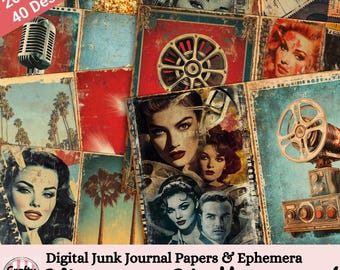 Vintage Hollywood Junk Journal Papers & Ephemera, Retro Movie Scrapbook Pages, Digital Download