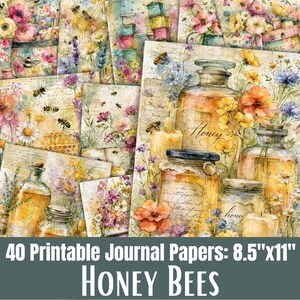 Puede incluir: Una colección de 40 papeles de diario imprimibles con abejas, flores silvestres y frascos de vidrio llenos de miel. Los diseños incluyen caligrafía antigua, patrones de panal e ilustraciones florales en tonos amarillos, naranjas y azules.