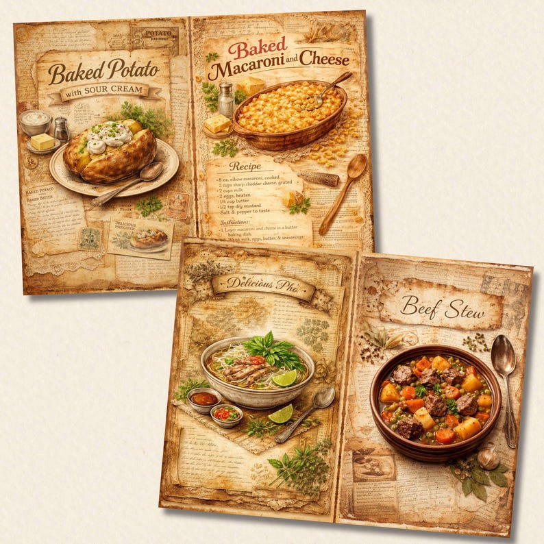 Vintage Food Junk Journal Pages, 40 Retro Recipe Papers, Kitchen ...