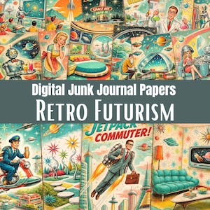Puede incluir: Un collage de papeles de diario digital con un tema retro futurista. Las imágenes presentan ilustraciones vintage de viajes espaciales, robots y escenas modernas de mediados de siglo. Se muestra el texto "Digital Junk Journal Papers" y "Retro Futurism".
