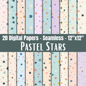 May include: A collection of 20 digital papers with a seamless design, each featuring a pastel star pattern. The papers are 12" x 12" and display various colors, including blue, pink, and gold. The text "PASTEL STARS" is displayed.
