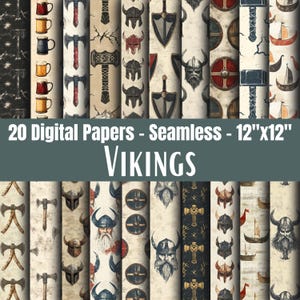 May include: A collection of 20 seamless digital papers featuring Viking-themed illustrations including helmets, axes, shields, longships, beer mugs, and bearded warriors in various colour palettes, labelled 20 Digital Papers - Seamless - 12"x12" VIKINGS.