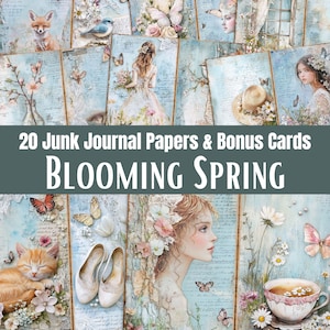 Könnte beinhalten: Eine Sammlung von 20 Junk-Journal-Papieren und Bonuskarten mit dem Thema "Blooming Spring". Die Papiere zeigen Illustrationen von Schmetterlingen, Blumen und Porträts im Vintage-Stil in sanften Pastellfarben. Eine schlafende orangefarbene Katze und eine Teetasse sind ebenfalls zu sehen.