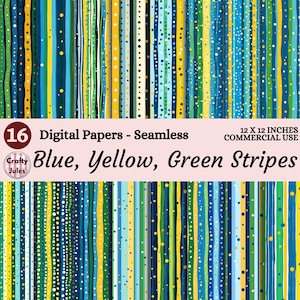 May include: Digital paper set featuring seamless blue, yellow, and green stripes. The design includes vertical stripes with dotted and solid lines. The text reads "16 Digital Papers - Seamless" and "12 X 12 INCHES COMMERCIAL USE".