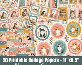 Cat and Kitten Collage Junk Journal Papers, Feline Scrapbook Cut Apart Sheets, Digital Download