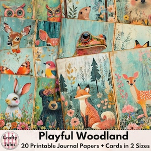 Woodland Digital Junk Journal Papers - 20 druckbare, spielerische Waldtierseiten, + Karten & ATCs für Scrapbooks, Journals, Collagen