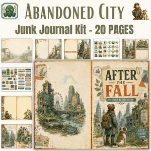 May include: An Abandoned City junk journal kit containing 20 pages with post-apocalyptic illustrations. The kit features various paper designs, stickers, and tags with text including After The Fall, The World We Left Behind, and Keep Going.