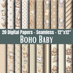 Puede incluir: Una colección de 20 papeles digitales sin costuras, cada uno de 30,48 cm x 30,48 cm. Los papeles presentan un tema "Boho Baby", mostrando varios patrones con adorables ilustraciones de animales en tonos suaves y neutros. Los diseños incluyen conejos, ciervos y elefantes.