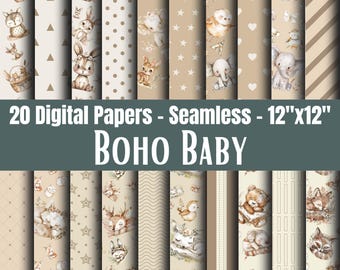 May include: A set of 20 seamless digital papers, each 30.48cm x 30.48cm, with a "BOHO BABY" theme. The designs include animals, dots, stars, and stripes, in a palette of soft, neutral colours.