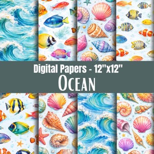 Puede incluir: Conjunto de papeles digitales con ilustraciones en acuarela de olas oceánicas, peces coloridos y conchas marinas. El texto "Digital Papers - 12"x12" OCEAN" está presente. Adecuado para proyectos de manualidades.