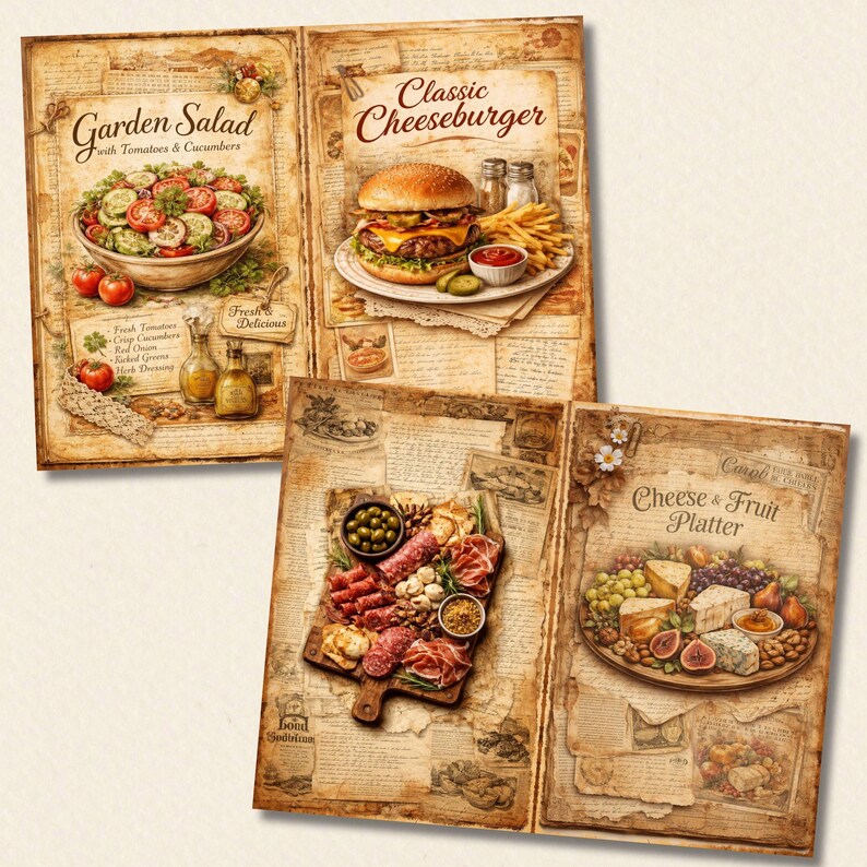 Vintage Food Junk Journal Pages, 40 Retro Recipe Papers, Kitchen ...