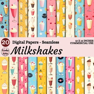 Paquete de papel digital de batidos retro: 20 patrones sin costuras de cafeterías de los años 50, papel para álbum de recortes de 30 x 30 cm