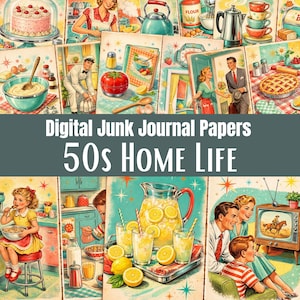 Puede incluir: Papeles de diario basura digital con un tema de vida hogareña de los años 50. El collage presenta ilustraciones vintage de cocina, repostería y escenas familiares. La paleta de colores incluye tonos pastel de azul, amarillo y rojo, evocando nostalgia.