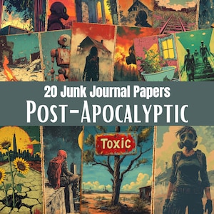 May include: A collection of 20 post-apocalyptic junk journal papers featuring various illustrations including figures in gas masks, desolate landscapes, ruined buildings, a toxic sign, and sunflowers growing in cracked earth, with the text 20 Junk Journal Papers POST-APOCALYPTIC.