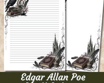 May include: Printable stationery featuring Edgar Allan Poe themes. The top left corner displays a raven, a portrait of Poe, books, and an inkwell with a quill. The bottom right corner shows a gothic tower, a book, and a quill. Includes lined and unlined versions.
