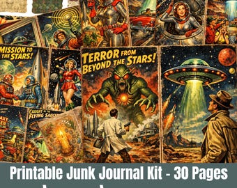 May include: A collection of 30 printable junk journal pages featuring vintage science fiction illustrations. The artwork displays retro space themes, including flying saucers, astronauts, alien creatures, and dramatic scenes with the text Terror From The Stars.