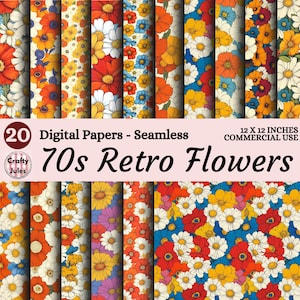 Może przedstawiać: Zestaw 20 cyfrowych bezszwowych papierów z motywem kwiatów w stylu retro z lat 70. Wzory przedstawiają różnorodne wzory kwiatowe w żywych kolorach, takich jak pomarańczowy, żółty, czerwony i niebieski. Każdy papier ma wymiary 30,48 cm x 30,48 cm i jest przeznaczony do użytku komercyjnego.