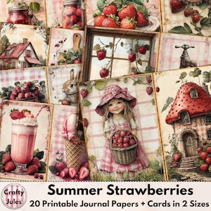 Papiers pour carnets numériques Strawberry - 20 pages imprimables, + cartes et ATC pour scrapbooks, journaux, collage, fabrication de cartes, téléchargement immédiat