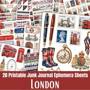 Pode incluir: Uma coleção de folhas de efêmeras imprimíveis para junk journal com imagens temáticas de Londres, incluindo ônibus vermelhos de dois andares, cabines telefônicas, a Tower Bridge, canetas-tinteiro, botas com a Union Jack, um relógio de bolso e brasões reais.