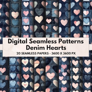 Denim Heart Patterns: Indigo & Pink Fabric Textures (Digital Download, Commercial Use)