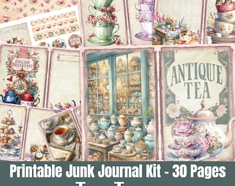May include: A collection of printable junk journal pages with a tea party theme. The pages feature teacups, teapots, and floral designs in soft pastel colors. The text "Tea Time" and "Antique Tea" are visible.