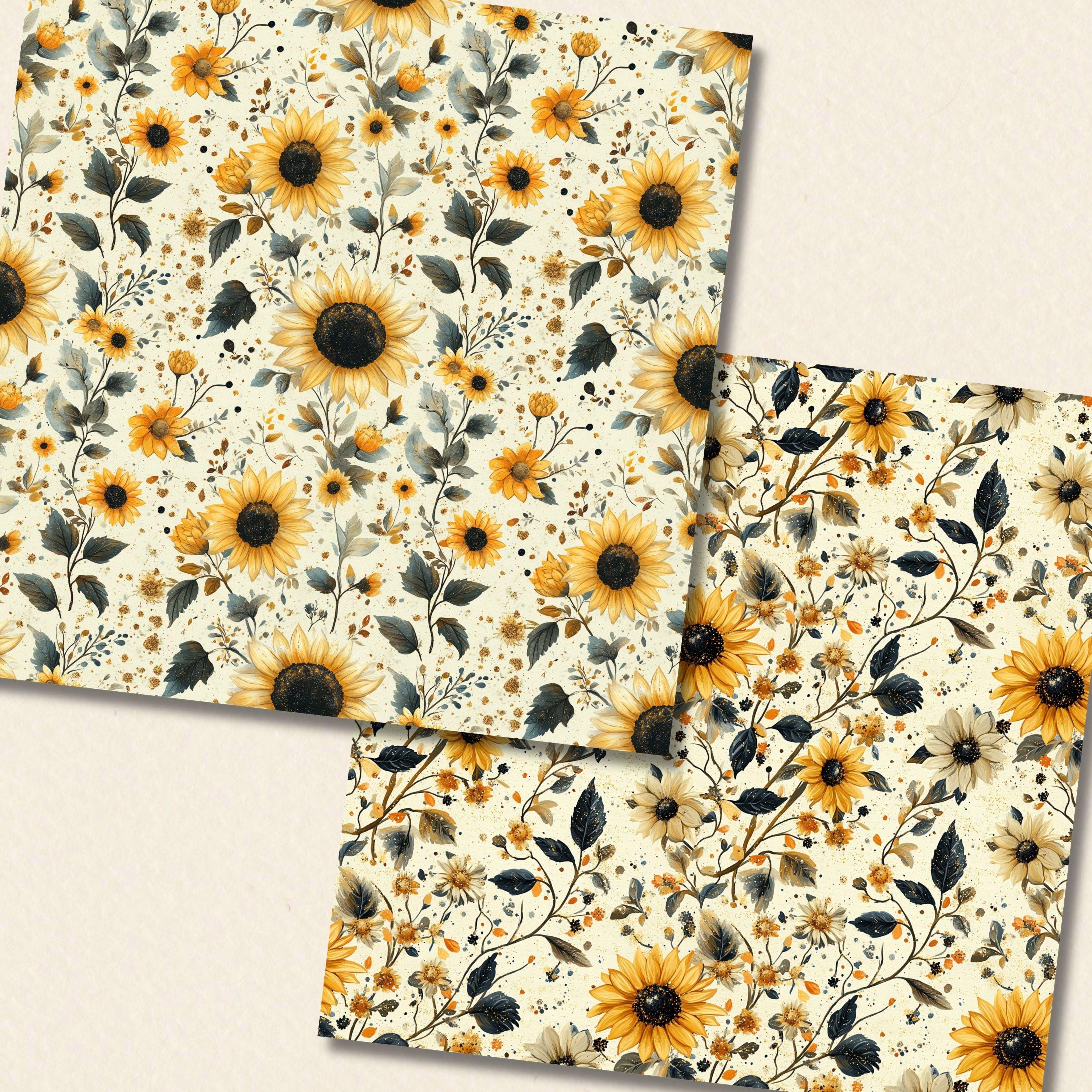 Sunflower Sparkle Seamless Digital Paper Pack, Yellow Floral Scrapbook ...