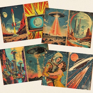 Może przedstawiać: Zestaw grafik w stylu retro o tematyce kosmicznej. Każda grafika przedstawia ilustracje w stylu vintage rakiet, UFO, astronaut&oacute;w i futurystycznych krajobraz&oacute;w miejskich, z paletą kolor&oacute;w niebieskiego, pomarańczowego i czerwonego. Grafiki przywodzą na myśl science fiction z połowy wieku.