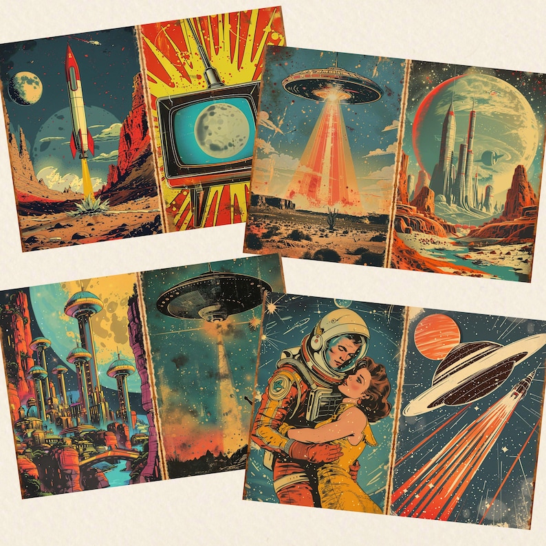 Może przedstawiać: Zestaw grafik w stylu retro o tematyce kosmicznej. Każda grafika przedstawia ilustracje w stylu vintage rakiet, UFO, astronaut&oacute;w i futurystycznych krajobraz&oacute;w miejskich, z paletą kolor&oacute;w niebieskiego, pomarańczowego i czerwonego. Grafiki przywodzą na myśl science fiction z połowy wieku.