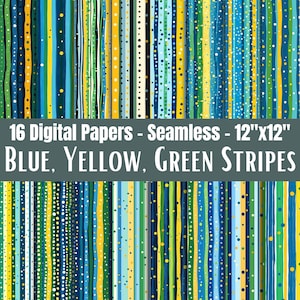 May include: A collection of 16 seamless digital papers measuring 12 inches by 12 inches, featuring vertical stripes in shades of blue, yellow, and green. The patterns include varied line widths, dotted textures, and solid color bands throughout.