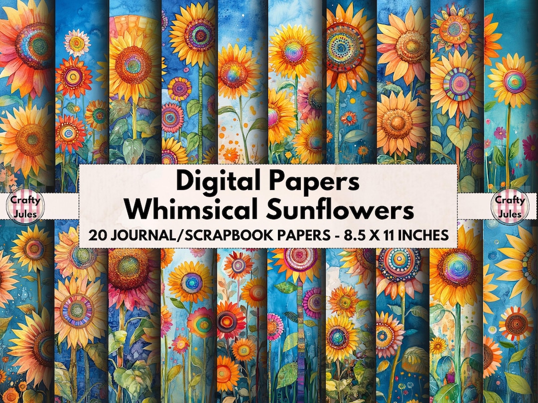 Sunflower Digital Paper Pack: Watercolor Scrapbook & Journal Pages (8 ...