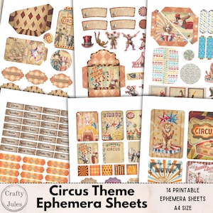 Circus Themed Printable Ephemera Sheets – 14 Pages of Journal Embellishments, Scrapbook Supplies, Instant Download
