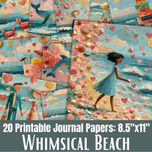 Whimsical Beach Journal Craft Pages, Summer Seaside Scrapbook Papers, Digital Download