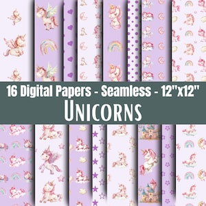 May include: Sixteen digital papers with seamless unicorn designs. The papers are 12"x12" and feature unicorns, rainbows, stars, and hearts in shades of pink, purple, and white. The text on the image reads "16 Digital Papers - Seamless - 12"x12" UNICORNS."