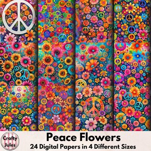 Papiers numériques fleurs hippies – 24 pages imprimables, 4 tailles différentes, signes de paix, fleurs vives, albums de coupures, journaux, usage commercial