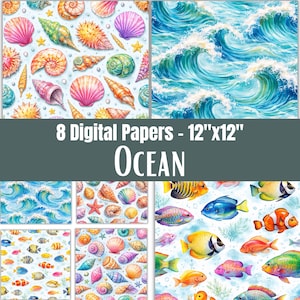 Puede incluir: Un conjunto de 8 papeles digitales de 30,48 cm por 30,48 cm con motivos oceánicos. Los diseños incluyen conchas coloridas, estrellas de mar y varios peces tropicales sobre fondos claros, junto a patrones de olas azules vibrantes.