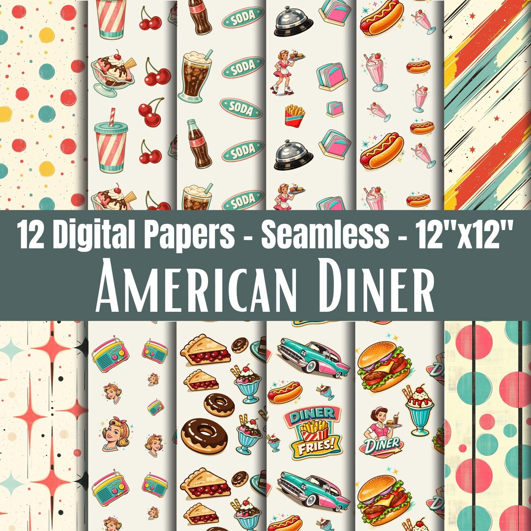 50s Retro American Diner Digital Paper Pack, Seamless Mid Century Food ...