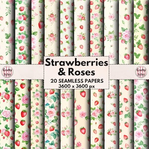 Motivi digitali senza soluzione di continuità con fragole e rose, 20 carte stampabili, sfondo crema, fiori, frutta, album, diari, uso commerciale