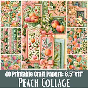Può includere: Una collezione di 40 carte artigianali stampabili con un design a collage di pesche. Le immagini includono pesche, foglie verdi, motivi floreali e fiocchi decorativi in tonalità rosa, arancione e verde. Testo: 40 Printable Craft Papers: 8.5"x11" PEACH COLLAGE.