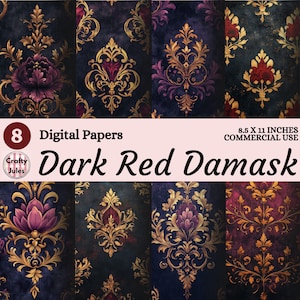 Dark Red Damask Digital Paper: Vintage Scrapbook & Journal Backgrounds