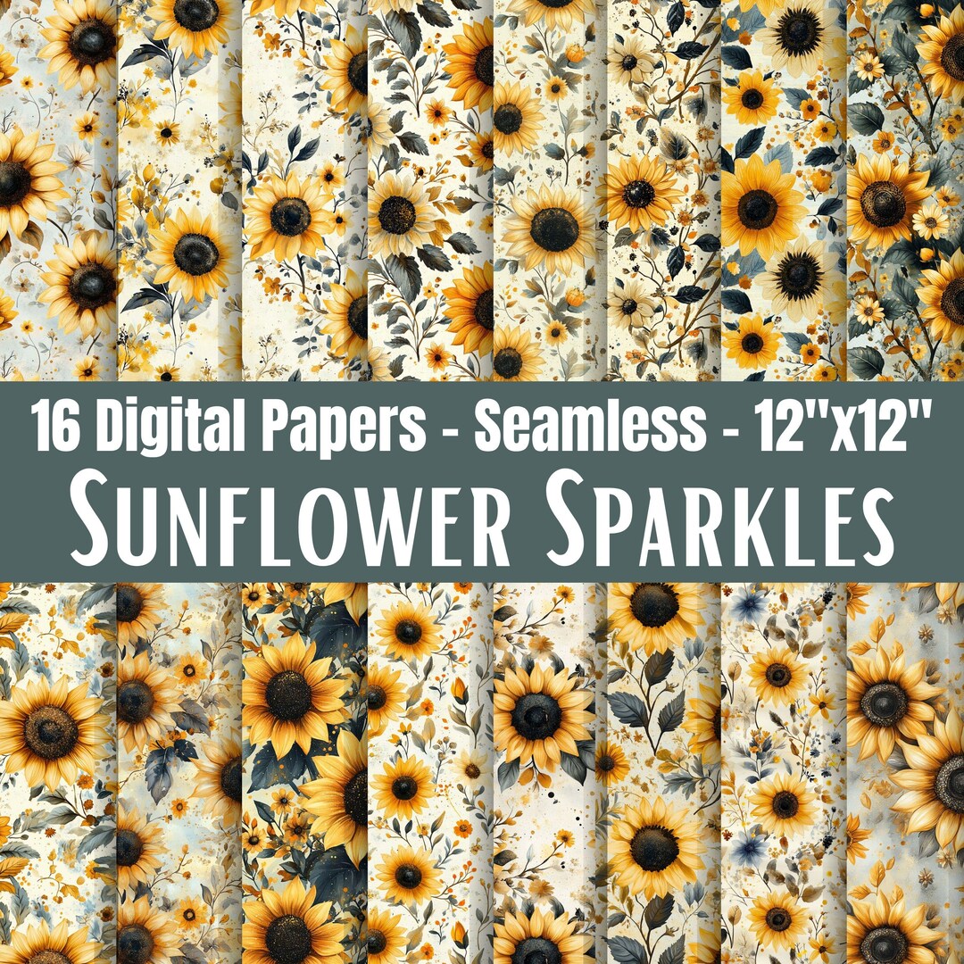Sunflower Sparkle Seamless Digital Paper Pack, Yellow Floral Scrapbook ...