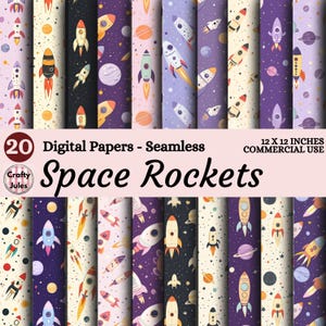 May include: A collection of 20 seamless digital papers featuring space rockets, planets, and stars in various colors. The papers are 12 x 12 inches and suitable for commercial use. The text on the image reads "Space Rockets".