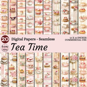 Puede incluir: Una colección de 20 papeles digitales sin costuras con el tema "Tea Time". Los papeles presentan tazas de té, pasteles y diseños florales en tonos rosa, crema y dorado. Cada papel mide 30,48 x 30,48 cm y es apto para uso comercial.