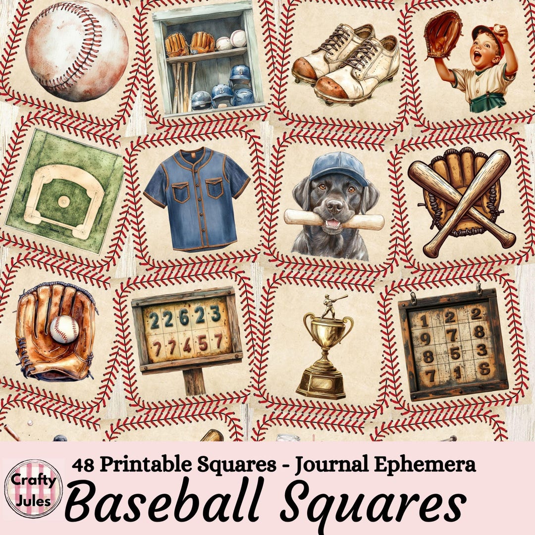 Baseball Printable Squares, Vintage Style Sport Ephemera for Junk ...
