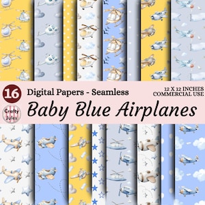 Patrones digitales sin costuras de aviones azules bebé, papeles imprimibles para guardería infantil, 30 x 30 cm