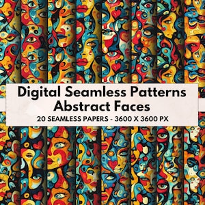Seamless Abstract Face Patterns, Printable Surreal Papers, Expressive Face Collages, Psychedelic Papers For Scrapbooks - Commercial Use