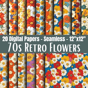 May include: A collection of 20 seamless digital papers featuring vibrant 70s retro flower designs. Each paper showcases a unique floral pattern in a variety of colors, with a size of 12"x12". The image is a colorful display of vintage-inspired floral patterns.